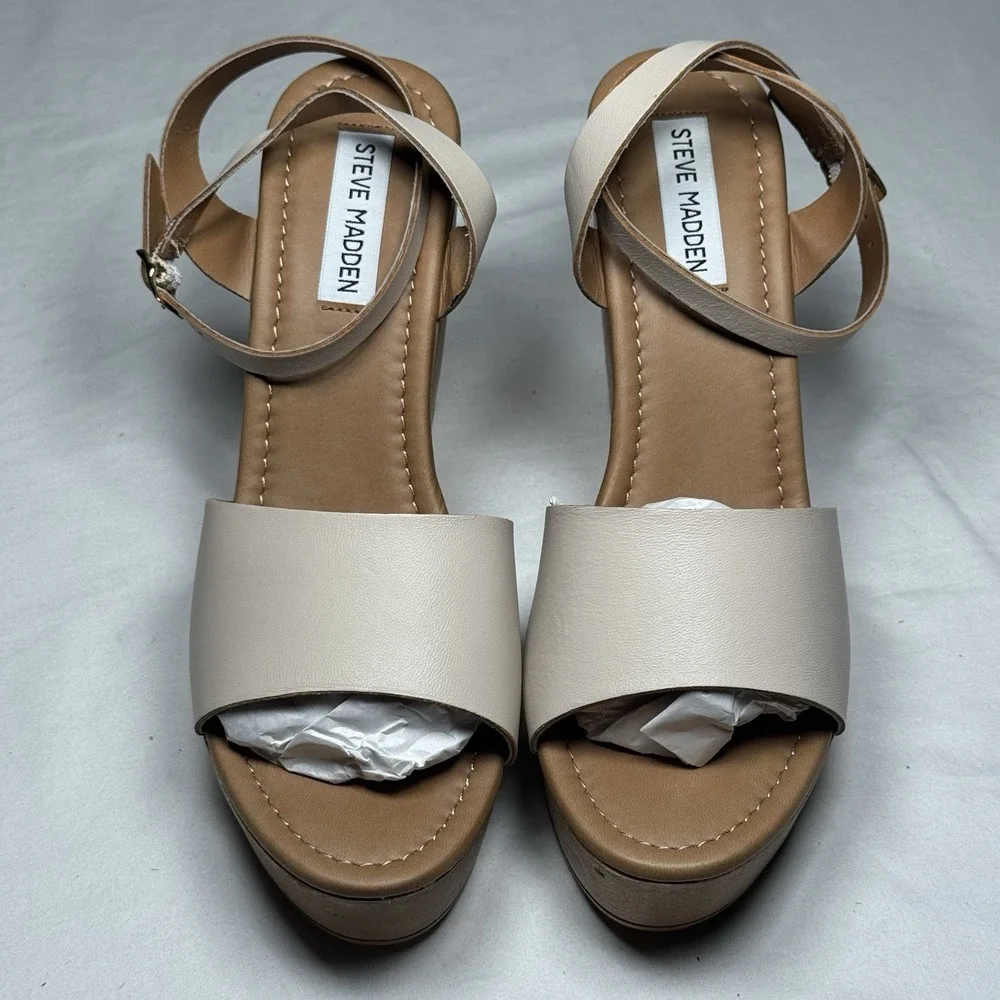 Steve Madden Welsh Leather Wedge Sandals Womens Size 9 Nude Platform Ankle Strap